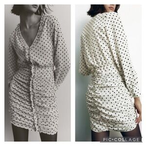 NWT Zara Ecru White Black Polka Dot Ruched Front Long Sleeve Mini Dress